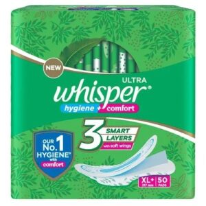 Whisper Ultra Clean Sanitary Pads - XL Plus, Locks Wetness & Odour, 50 pcs