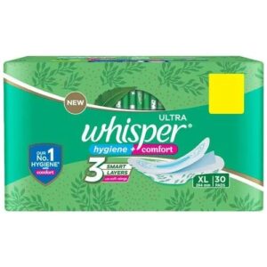 Whisper Sanitary Pads - XL Wings, Clean, Ultra, 30 pcs