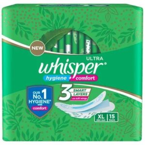Whisper Sanitary Pads - XL Wings, Ultra Clean, 15 pcs